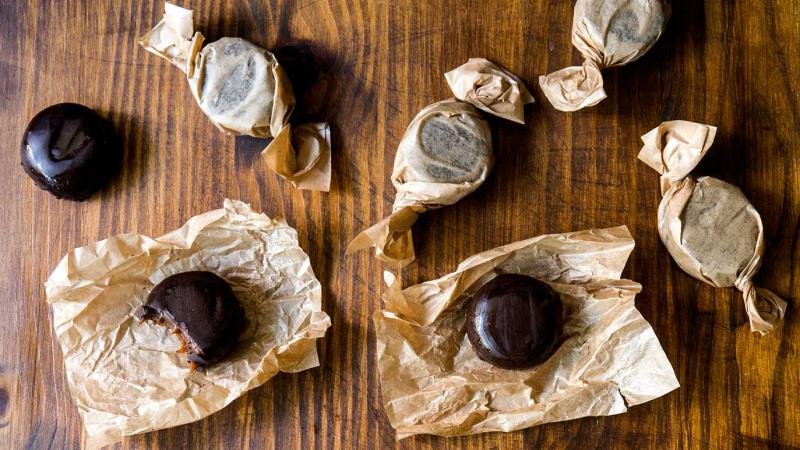 icy dark chocolate coated pumpkin caramels