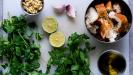 kadaifi-wrapped prawns with fresh herbs, ginger and pineapple dipping sauce