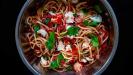 cold pasta salad starter with 'the freshest hand-crushed & no-cook heirloom tomato sauce'