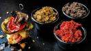 3 oven semi-dried vegetables & their 3 spreads : green peppers & red tomatoes & white mushrooms