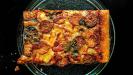 spicy & thick-crust spanish-style pizza with chorizo & roasted red pepper-tomato sauce