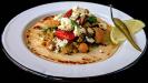 roasted vegetable tacos with refried chickpea purée & crumbled feta cheese