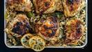 chicken thighs & rice pilaf casserole with lemon & oregano & green peppers