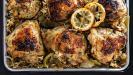 chicken thighs & rice pilaf casserole with lemon & oregano & green peppers