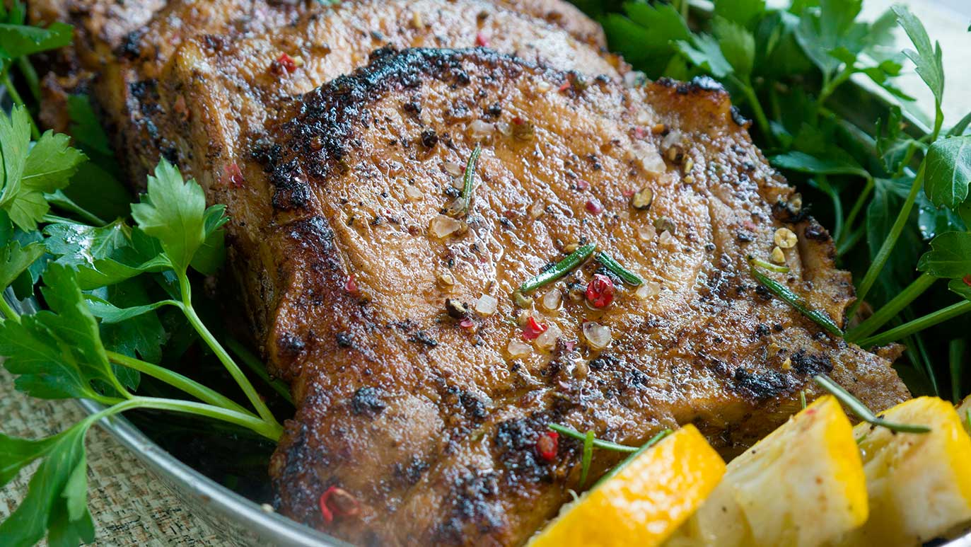 marinated pork chops & potato cabbage mash, icookstuff